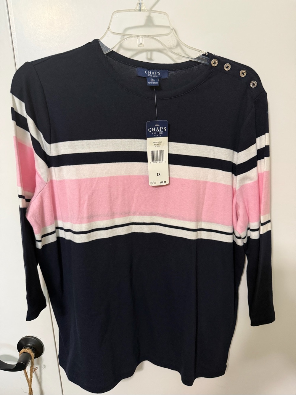 Chaps Navy, White & Pink Striped Crewneck Top size 1X
